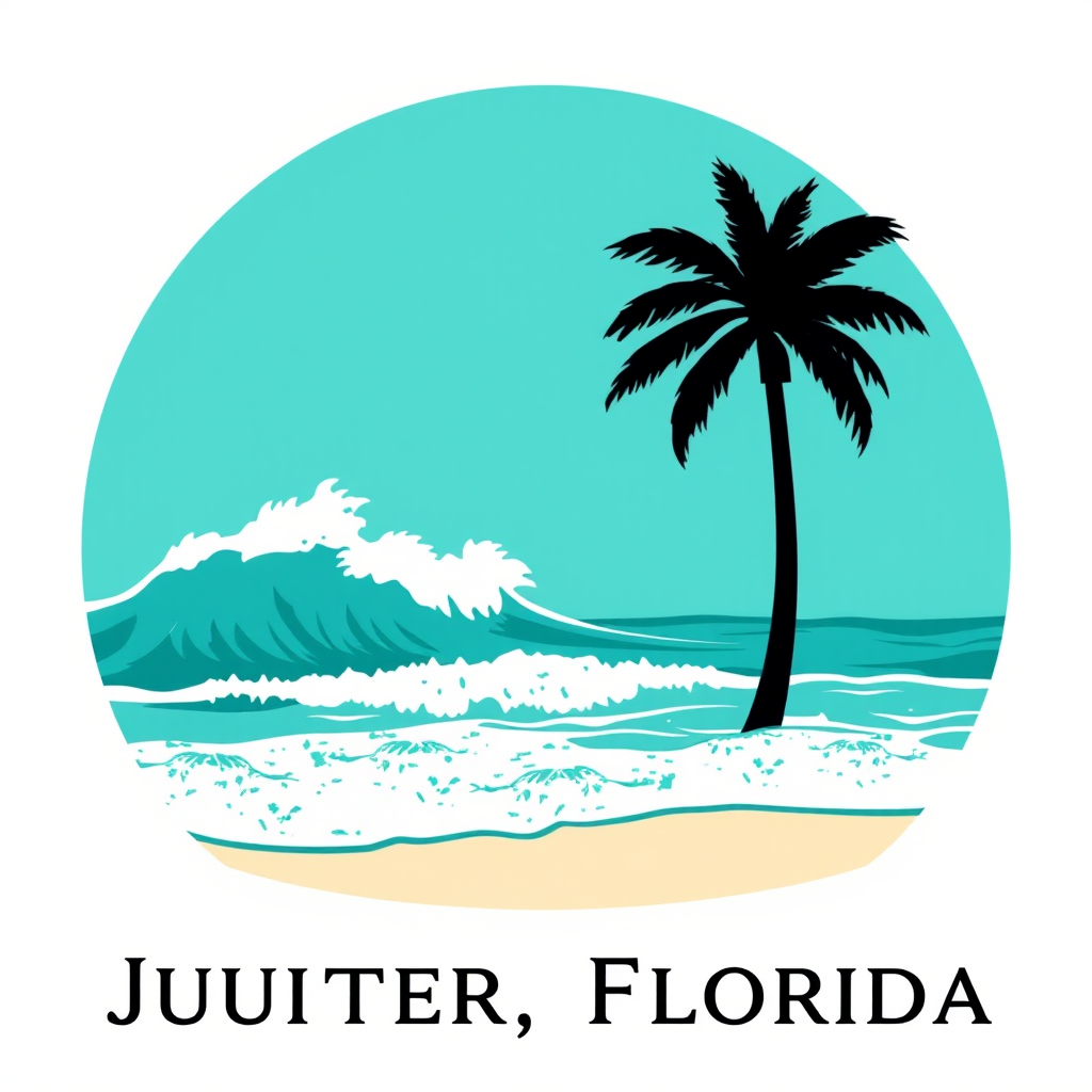 Coastal Jupiter Florida logo featuring ocean waves and palm tree silhouette in turquoise and white