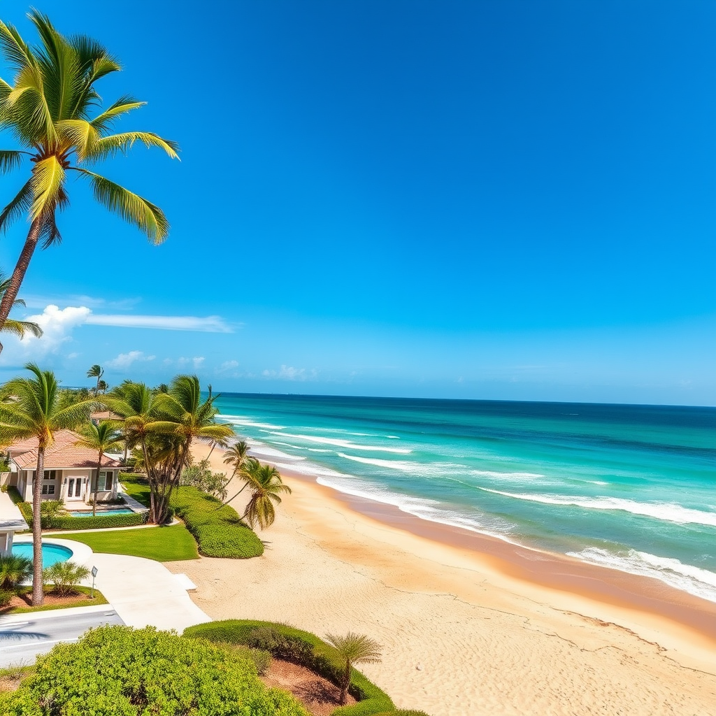 Beautiful coastal Jupiter Florida oceanfront view with palm trees, golden sandy beach, turquoise waters, and modern beachfront homes under a clear blue sky