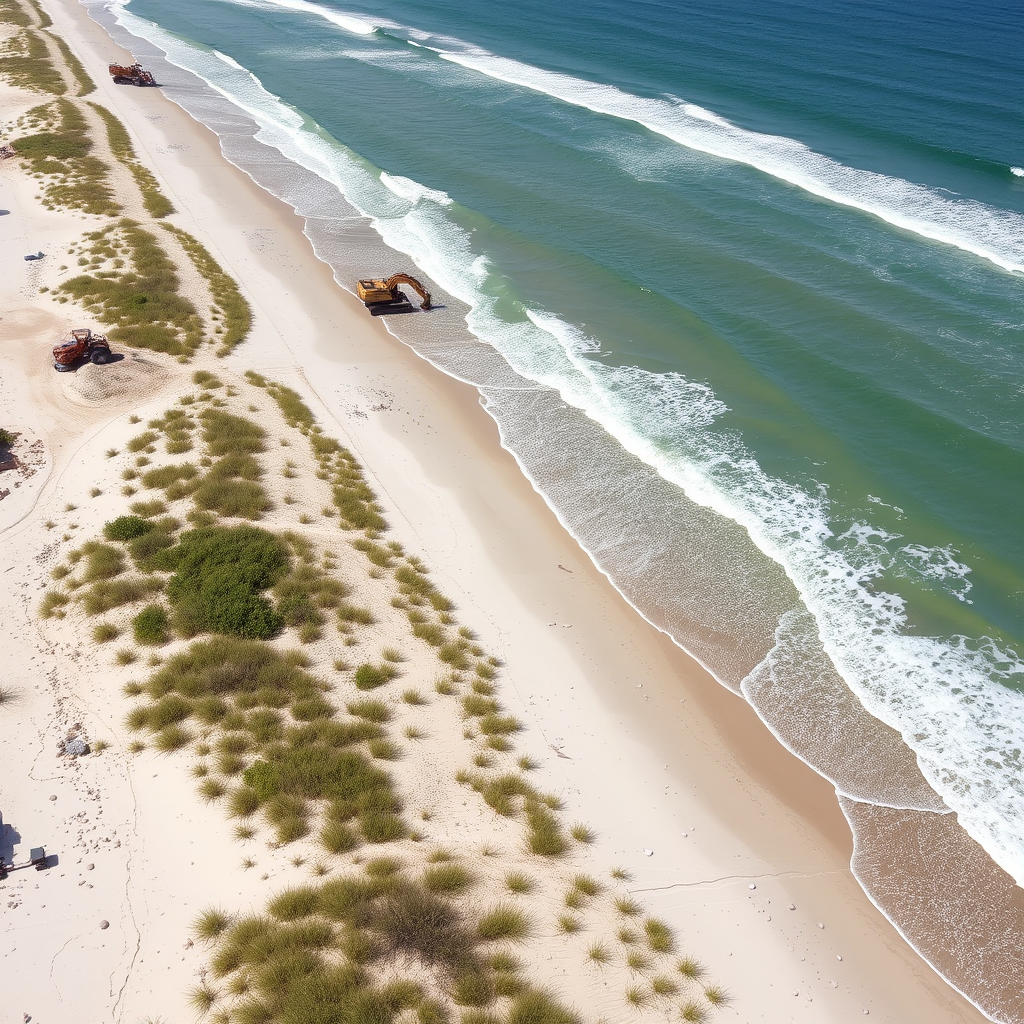 Aerial view of Jupiter Beach showing newly restored dune systems with native sea oats and coastal vegetation, construction equipment in background, ocean waves meeting the restored shoreline