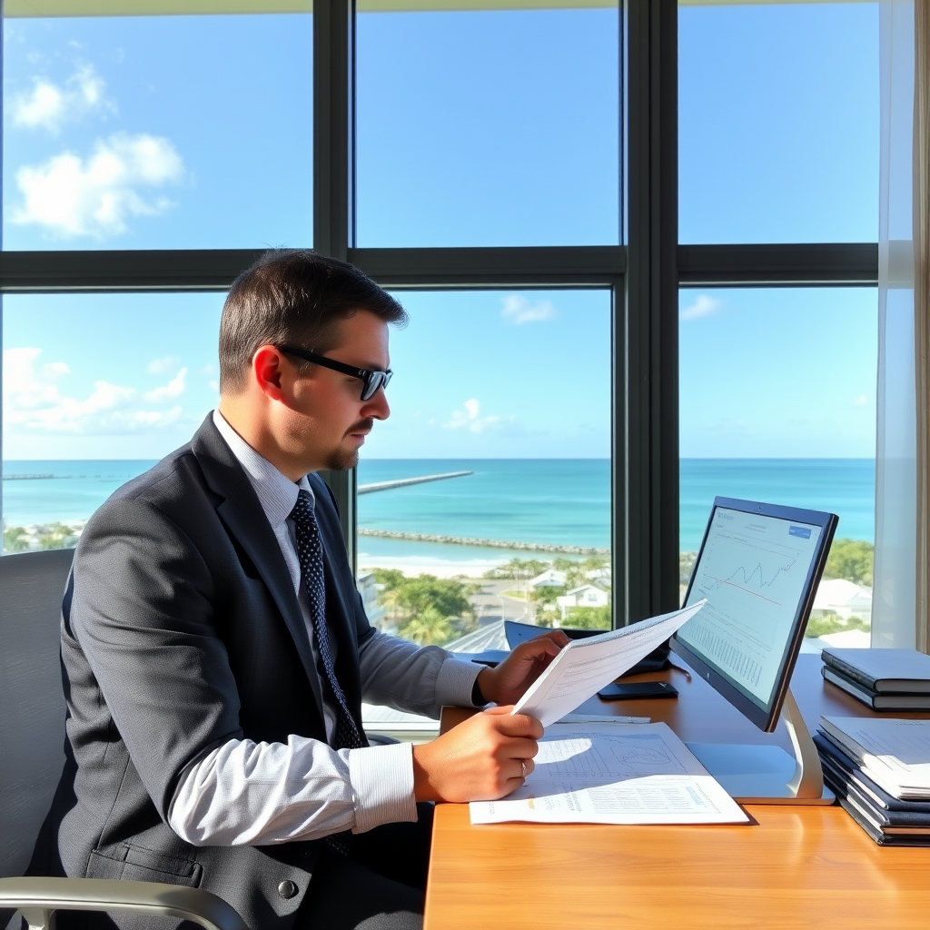 Professional real estate consultant analyzing waterfront property market data with Jupiter Florida coastline visible through office windows