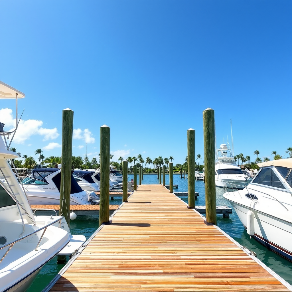 Professional marine dock with boats moored at Jupiter waterfront, showing well-maintained wooden dock structures, clear turquoise water, and palm trees in background under sunny Florida sky