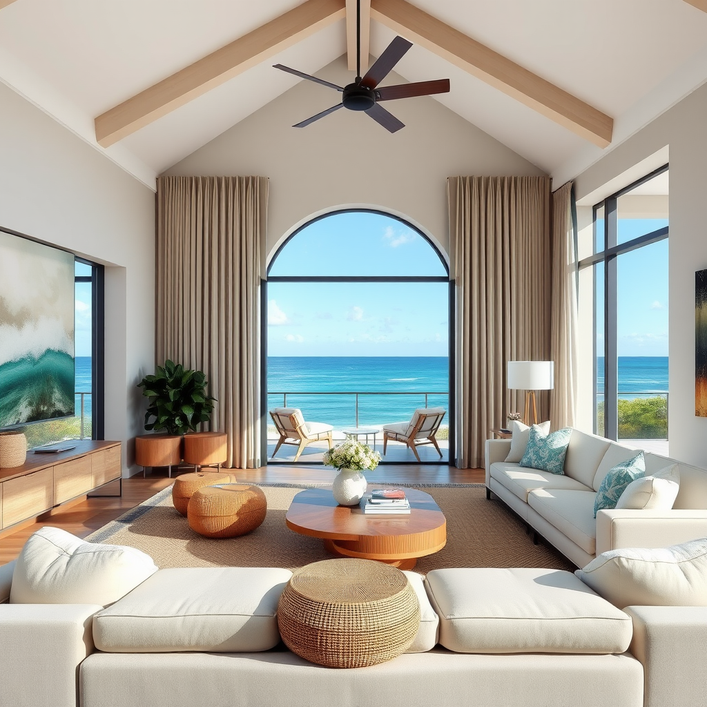 Elegant coastal living room with ocean-inspired color palette, natural materials, and modern furniture overlooking Jupiter's coastline