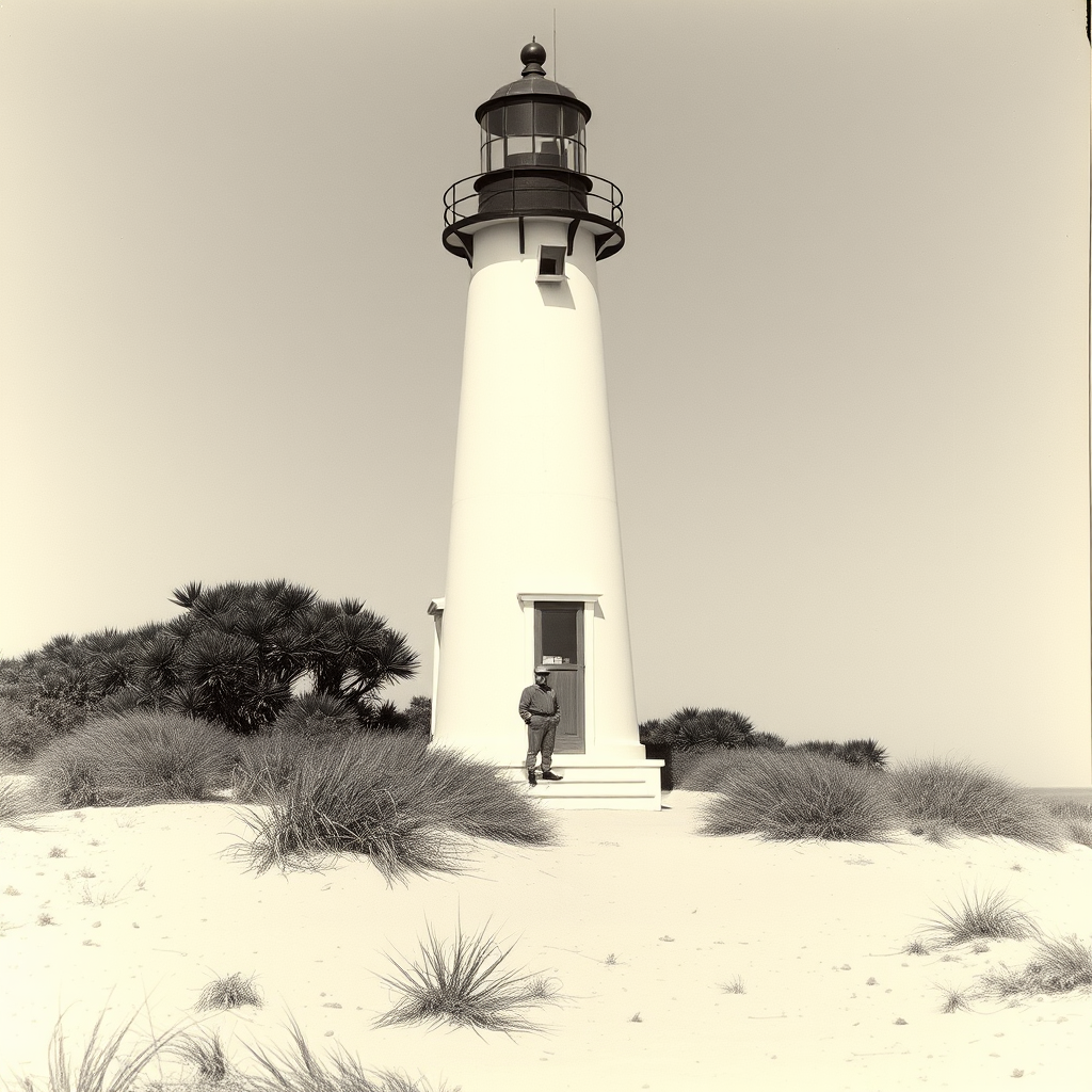 Vintage black and white photograph showing the Jupiter Lighthouse during its early years with lighthouse keepers standing at the base, surrounded by sparse coastal vegetation and sandy terrain