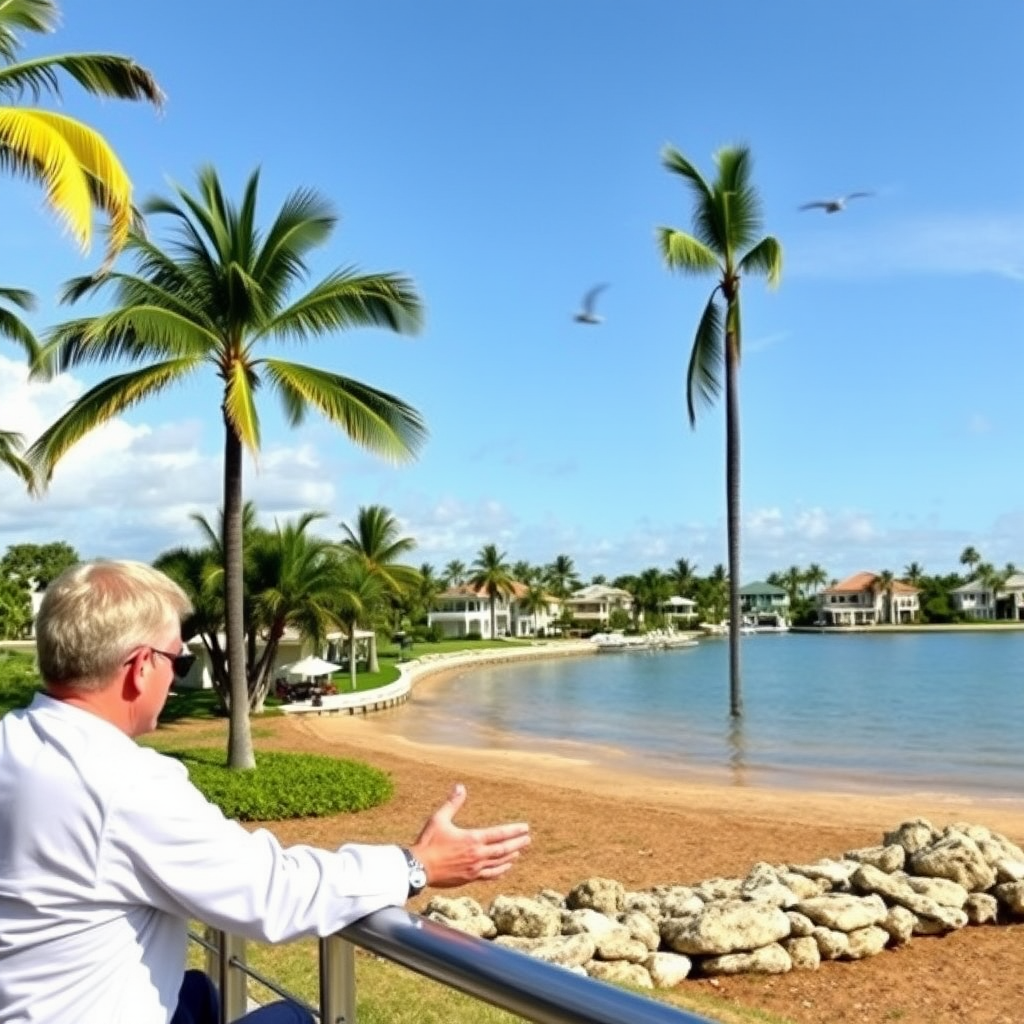 Luxury waterfront property valuation session with coastal Jupiter Florida homes featuring palm trees and golden shores in background