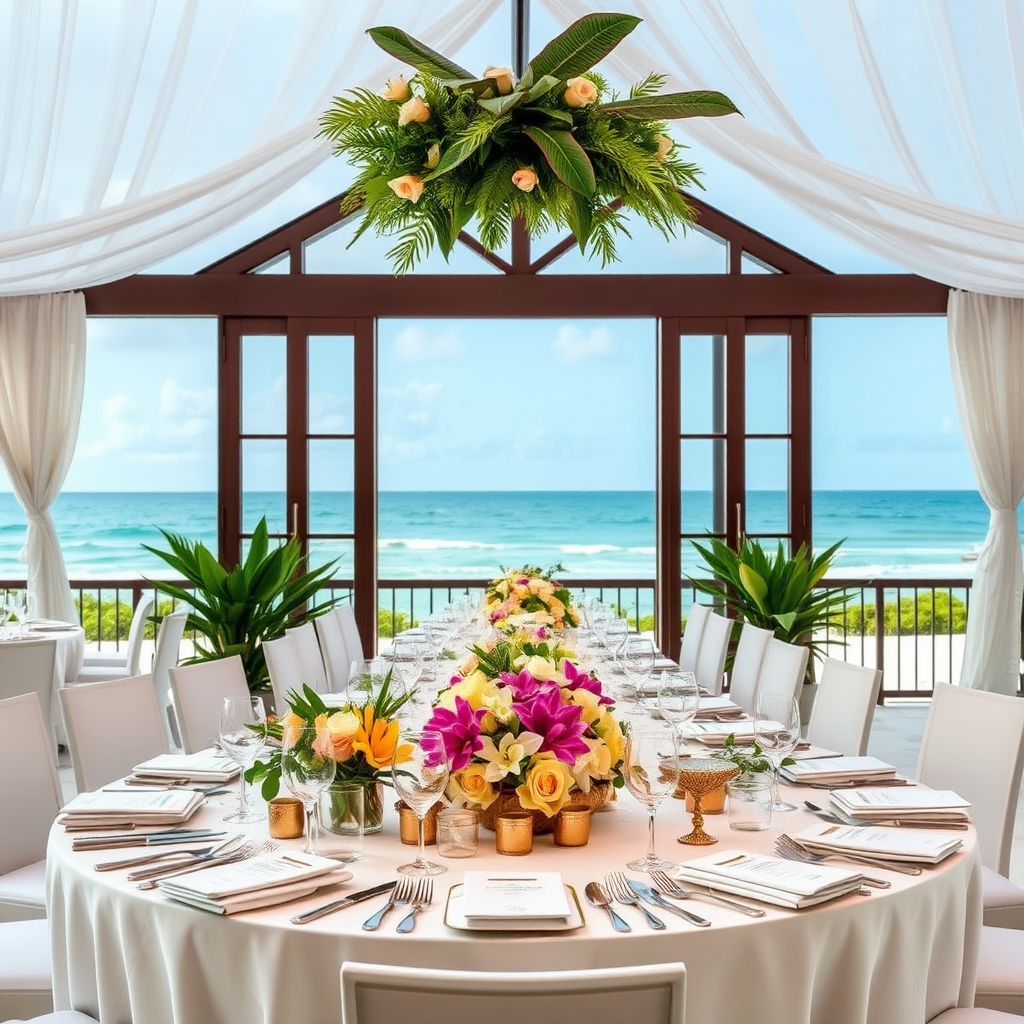 Elegant beachfront dinner party setup with ocean views, featuring sophisticated table settings and tropical floral arrangements in Jupiter Florida