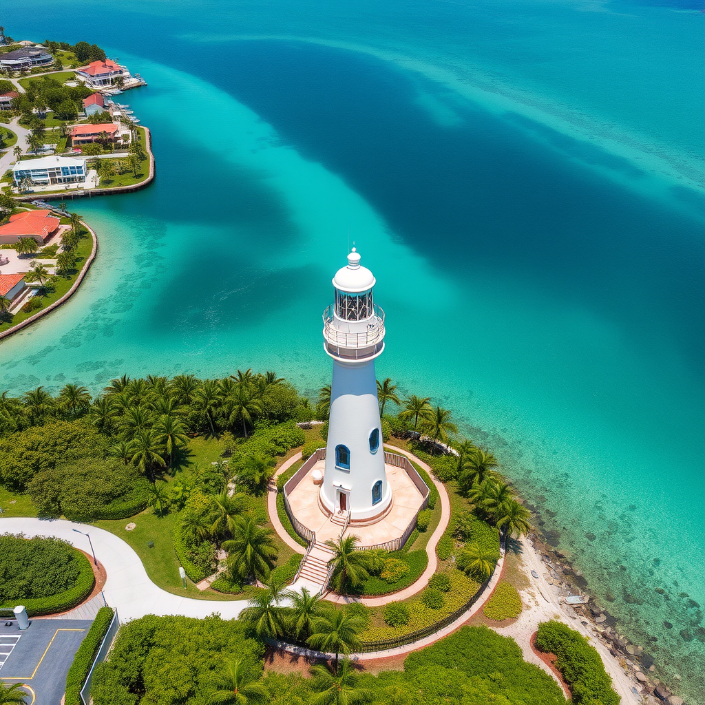 Modern aerial view of Jupiter Lighthouse surrounded by lush tropical landscaping, with the Jupiter Inlet's crystal-clear waters and luxury waterfront homes visible in the background