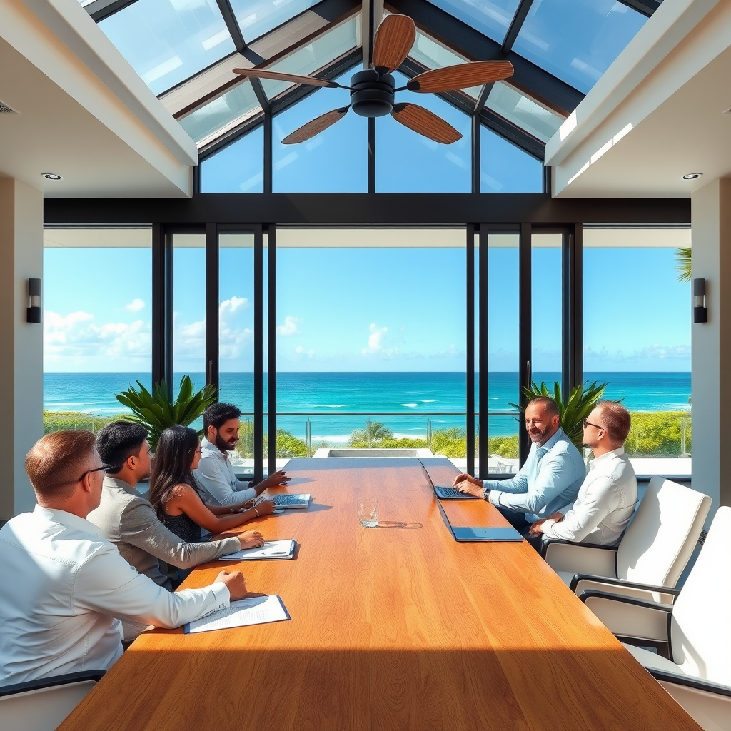 Strategic investment planning meeting for Jupiter Florida coastal properties with ocean horizon views and tropical style architecture