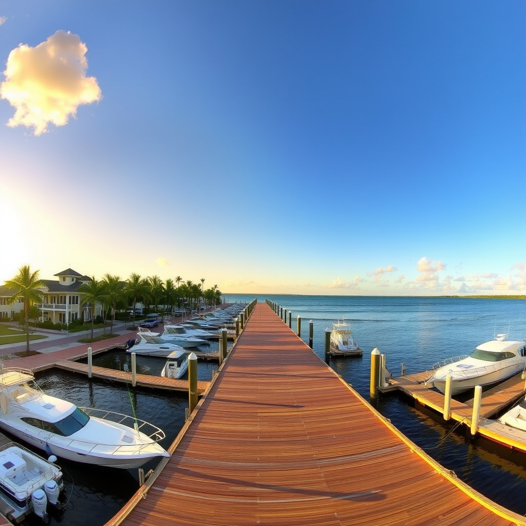 Panoramic view of Jupiter waterfront with well-maintained docks, boats, and seawalls under golden sunset sky, showcasing professional marine services results with palm trees and ocean horizon in background