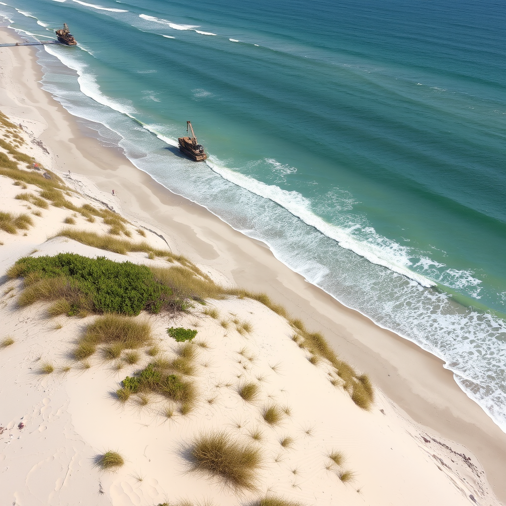 Aerial view of Jupiter Beach showing restored sand dunes with native sea oats and coastal vegetation, construction equipment in background, ocean waves meeting pristine shoreline