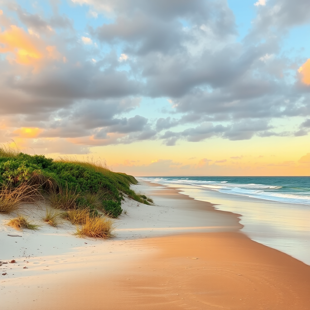 Sunset view of Jupiter Beach showing the contrast between restored dune areas with lush vegetation and the pristine ocean, golden hour lighting reflecting on wet sand