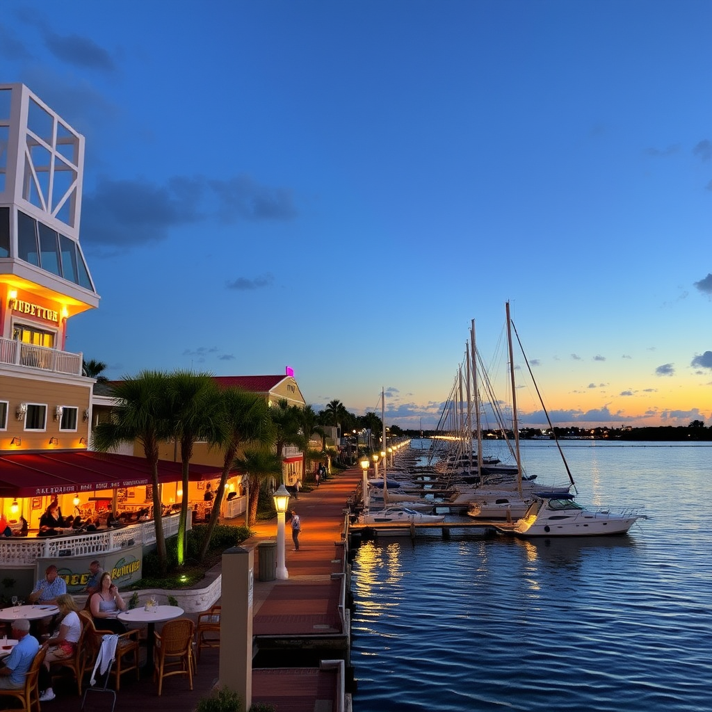 Evening view of the Jupiter waterfront dining district showing illuminated restaurants along the water's edge, with boats in the marina, golden sunset colors reflecting on the water, and diners enjoying the coastal atmosphere