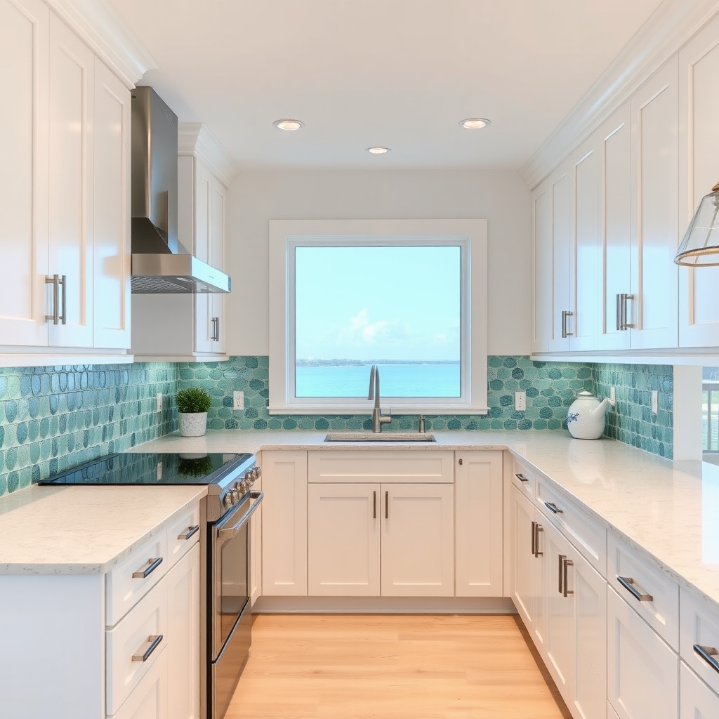 Modern coastal kitchen with white shaker cabinets, quartz countertops, and sea glass tile backsplash in Jupiter waterfront home