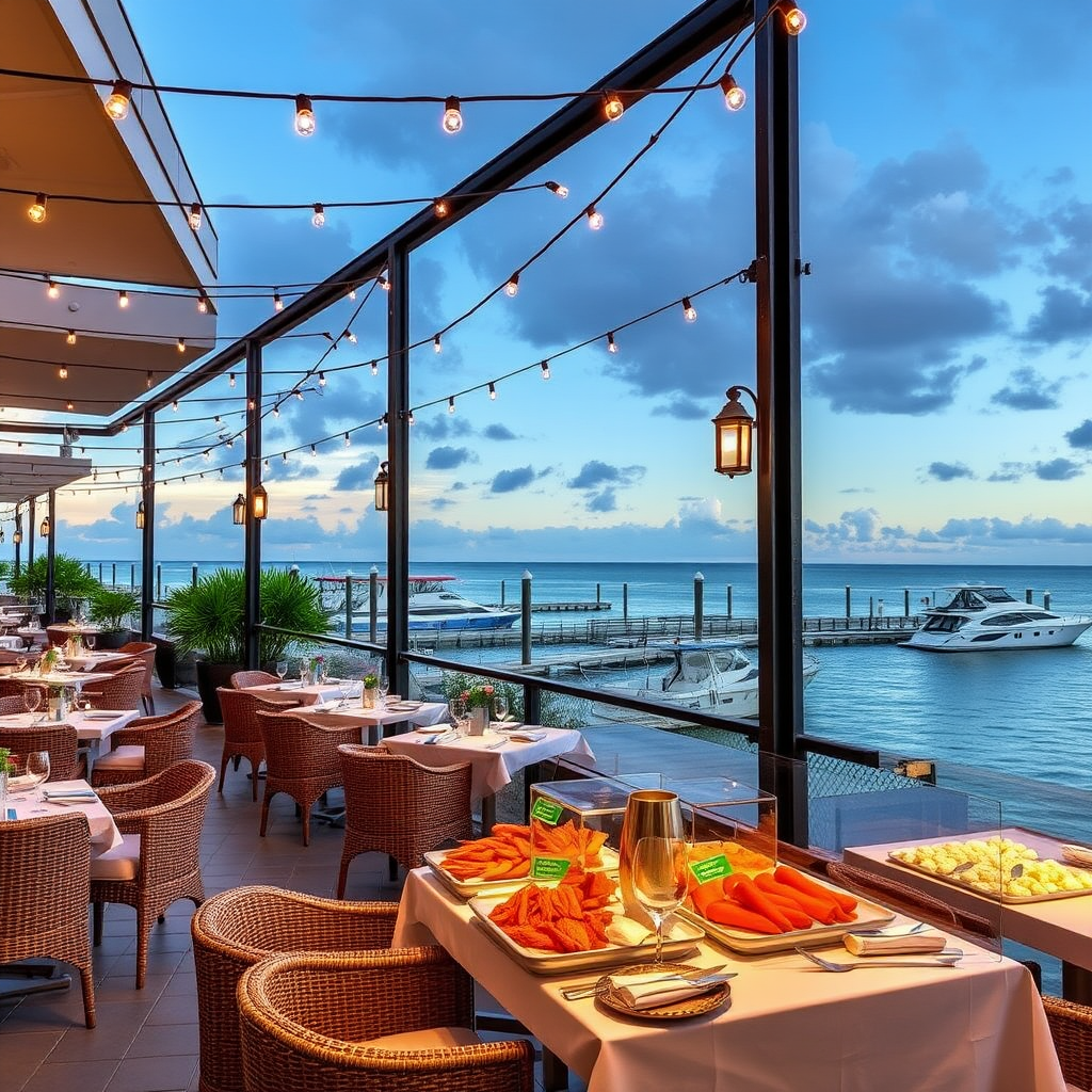 Elegant waterfront dining terrace overlooking Jupiter Inlet with outdoor seating, string lights, fresh seafood displays, and panoramic views of boats and Atlantic Ocean at sunset