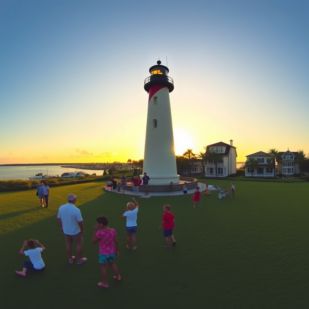 Panoramic view of Jupiter Lighthouse at golden hour with families and visitors enjoying the grounds, children playing on the grass while adults admire the historic structure, with the Jupiter Inlet and modern waterfront homes creating a perfect backdrop of past and present