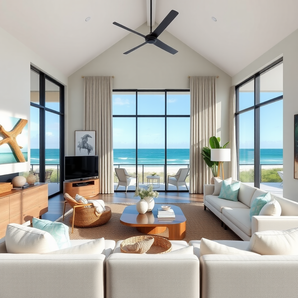 Stunning coastal interior design showcase featuring a modern living room with ocean-inspired color palette, natural materials like driftwood and sea glass accents, floor-to-ceiling windows with Jupiter beach views, and elegant furniture that captures seaside tranquility