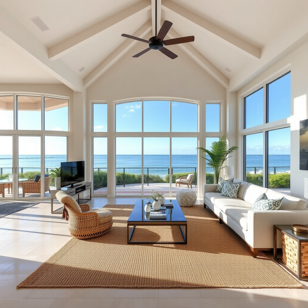 Spacious coastal living room with sectional seating, natural fiber rugs, and panoramic windows showcasing Jupiter's waterfront views